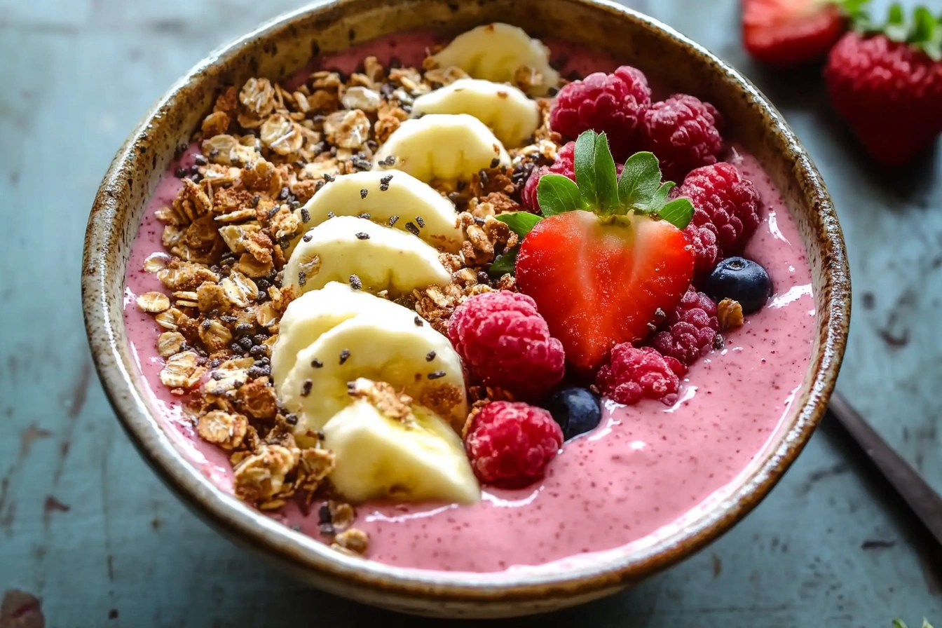 Smoothie bowl served with fresh fruit, granola, and chia seeds.