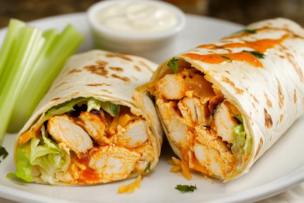 A buffalo chicken wrap cut in half, showing grilled chicken, cheese, lettuce, and buffalo sauce, served on a plate with celery and ranch.