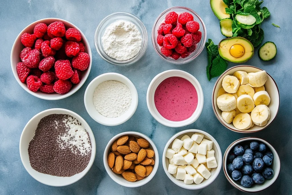 Fresh ingredients for a smoothie bowl base, including bananas, berries, yogurt, and almond milk.