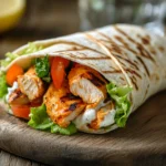 A healthy buffalo chicken wrap with whole wheat tortilla, grilled chicken, fresh vegetables, and Greek yogurt sauce, served on a wooden board.