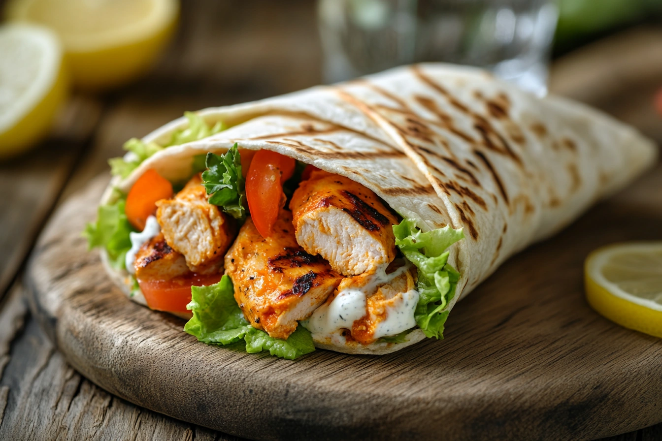 A healthy buffalo chicken wrap with whole wheat tortilla, grilled chicken, fresh vegetables, and Greek yogurt sauce, served on a wooden board.