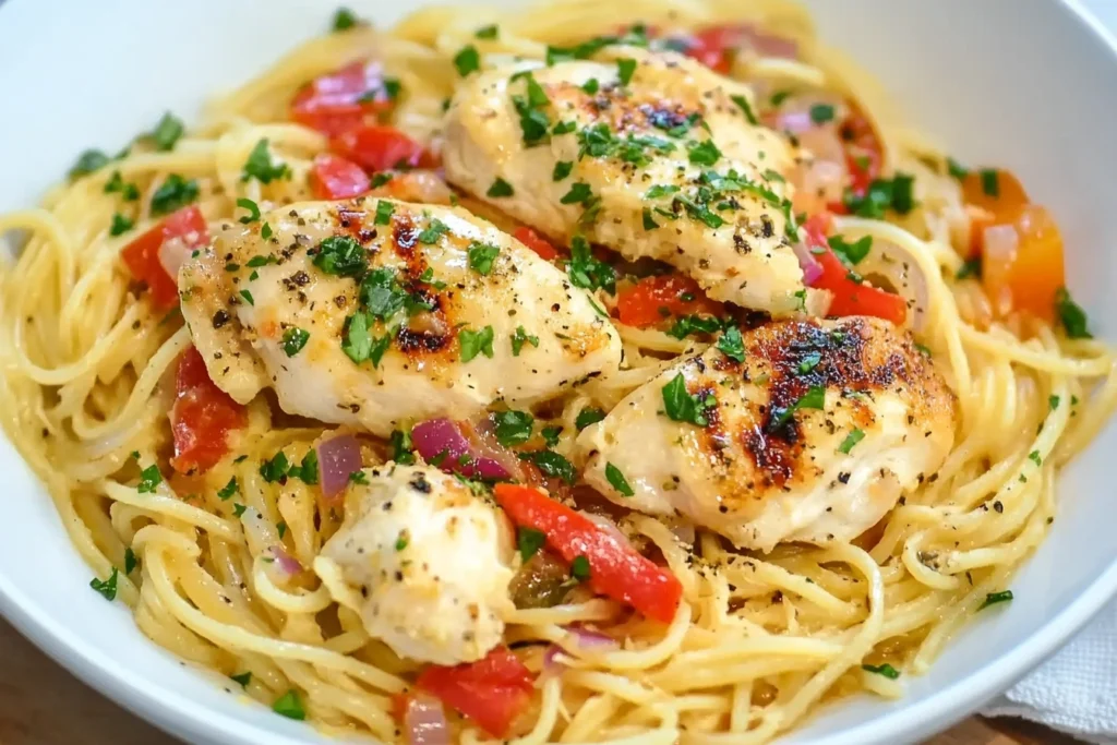 A plate of Olive Garden Chicken Scampi