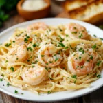 A plate of shrimp scampi pasta