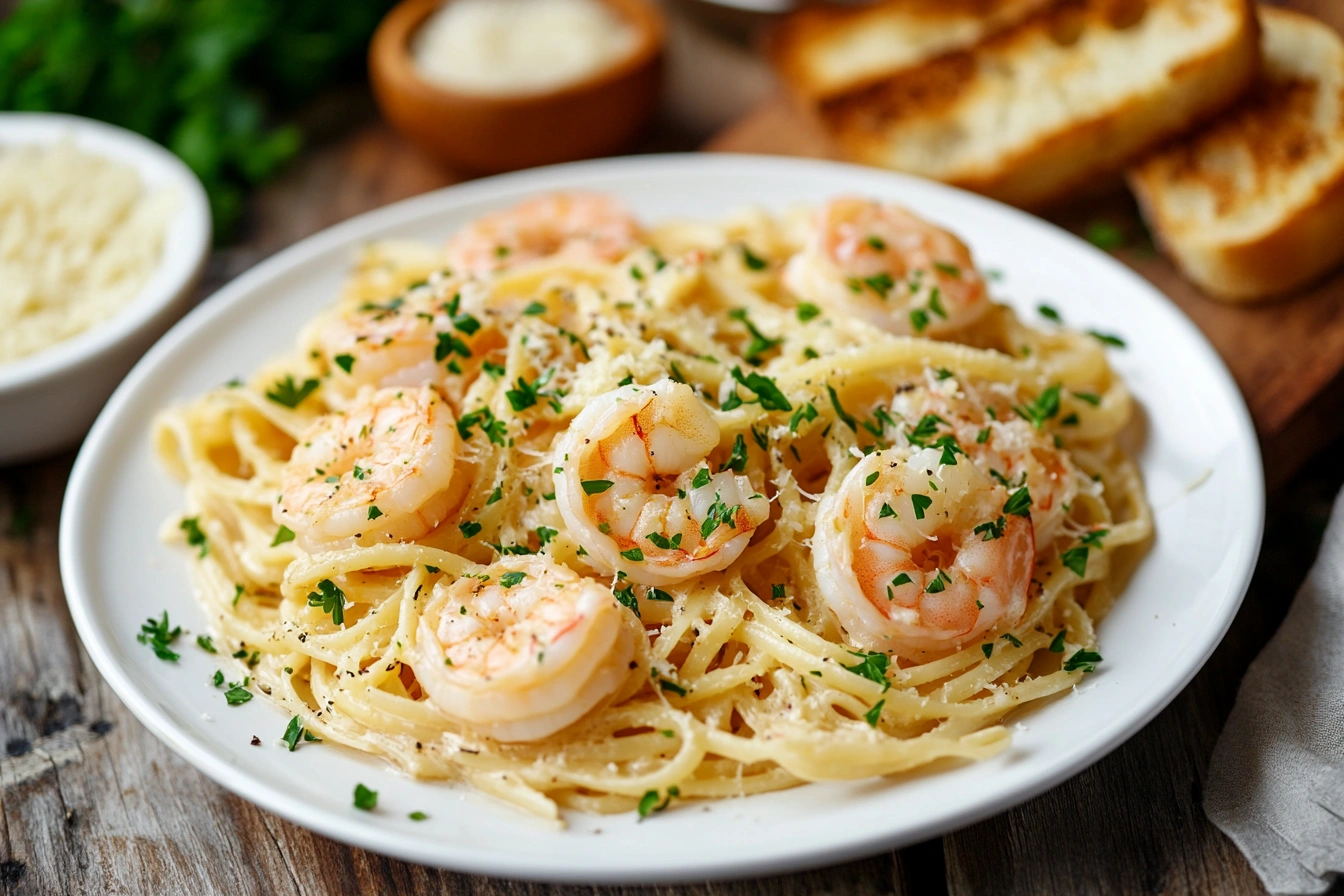 A plate of shrimp scampi pasta